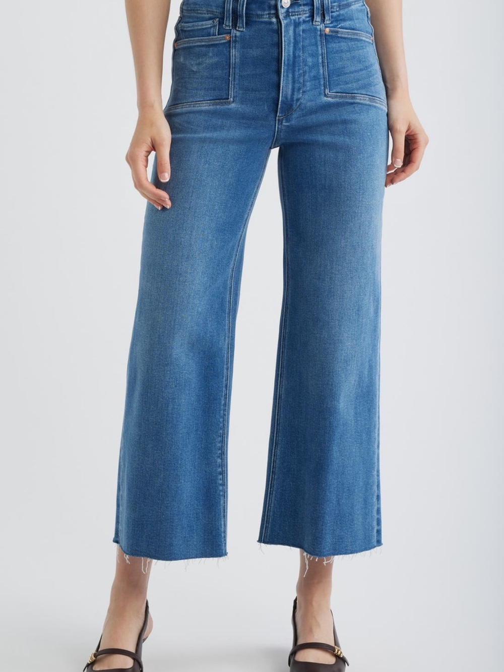PAIGE Medium Blue High-Rise Wide-Leg Crop Jeans